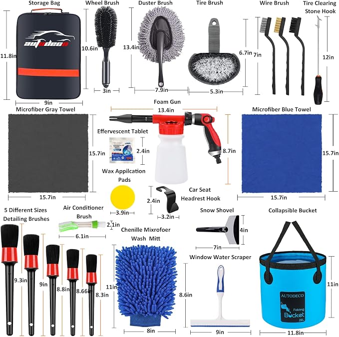 35Pcs Car Wash Detailing Kit Cleaning Kits with Foam Gun Sprayer Collapsible Bucket Brush Large Wash Mitt Towels Complete Interior Exterior Car Washing Supply Set Blue