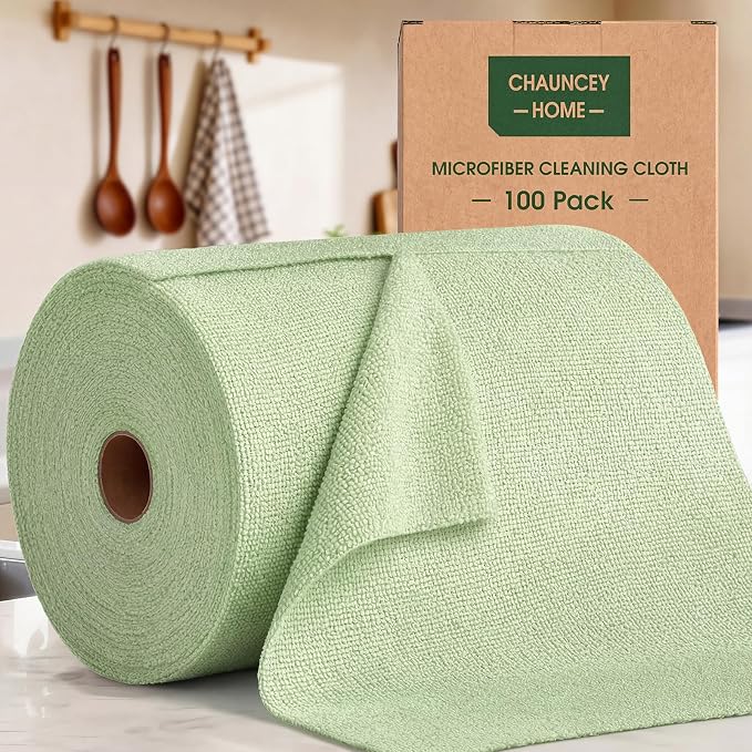 Microfiber Cleaning Cloth Roll - 100 Pack Tear Away Microfiber Paper Towels, Reusable, Washable, Scratch-Free, Kitchen Towels for Car, Home, Kitchen, Glass, Dishes(Bean Green)
