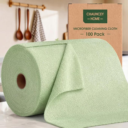 Microfiber Cleaning Cloth Roll - 100 Pack Tear Away Microfiber Paper Towels, Reusable, Washable, Scratch-Free, Kitchen Towels for Car, Home, Kitchen, Glass, Dishes(Bean Green)