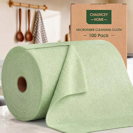 Microfiber Cleaning Cloth Roll - 100 Pack Tear Away Microfiber Paper Towels, Reusable, Washable, Scratch-Free, Kitchen Towels for Car, Home, Kitchen, Glass, Dishes(Bean Green)