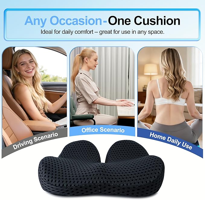 Ergonomic Memory Foam Seat Cushion Hemorrhoid Pillow for Hip Sciatica and Tailbone Pain Relief for Office Chair Car and Home (Black)