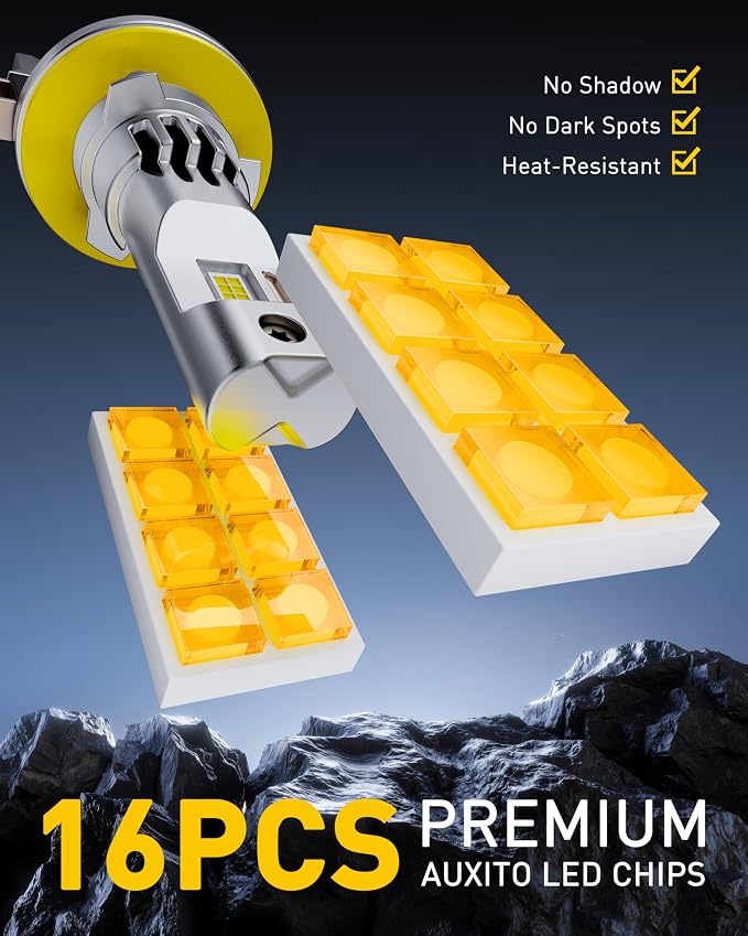 AUXITO Upgraded H11B Bulb, 16000LM 3000K Amber Yellow Light, 1:1 Mini Size No Adapter Needed, 3 Min Quick Install, No Flicker, 99% Compatibility, Pack of 2