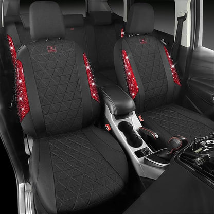 CAR PASS Oxford Bling Diamond Car Seat Covers Full Set Interior Sets, Waterproof Shining Glitter Sparkly Crystal Universal Armrest Fit 95% Automotive Truck SUV Cute Women Girl, Black Red Rhinestone