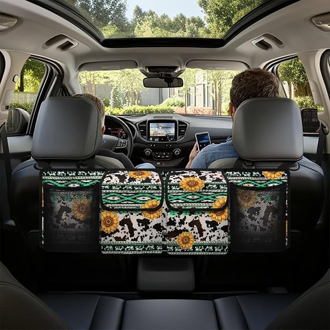 Sunflower Cow Spots Car Trunk Organizer Navajo Aztec Hanging Car Organization Car Storage Bag for SUVs, Vans, Cars