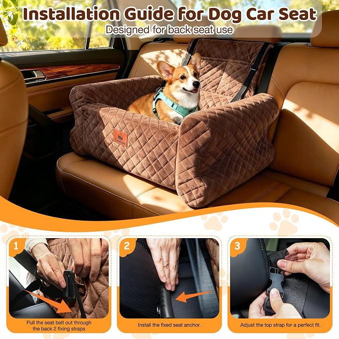 Dog Car Seat for Medium/Large Dogs up to 60 lbs, Memory Foam Dog Booster Seat with Thick Cushion, Pet Car Seat for Back with Detachable Washable Cover, Storage Pockets for SUV, Pick Up, Trunk, Brown