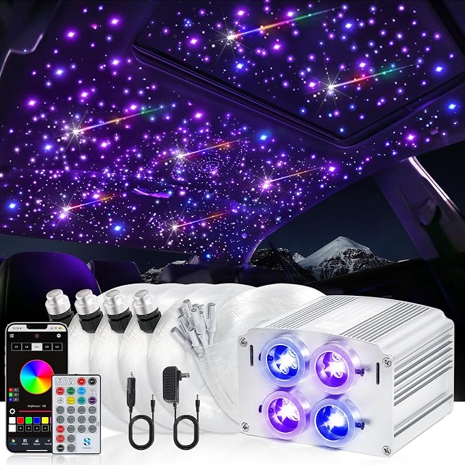 Car Starlight Headliner Kit, 4 Colors 32W Twinkle & Meteor Star Ceiling Lights, 2 in 1 Fiber Optic Light 4 Port Engine 1200pcs*0.03in*13.1ft+240 RGBW Shooting Stars Lights for Car Home Roof Décor