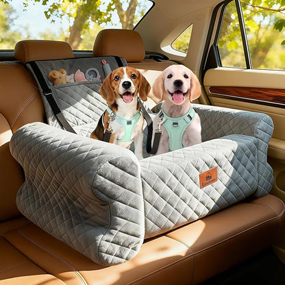Dog Car Seat for Medium/Large Dogs up to 60 lbs, Memory Foam Dog Booster Seat with Thick Cushion, Pet Car Seat for Back with Detachable Washable Cover, Storage Pockets for SUV, Pick Up, Trunk, Grey