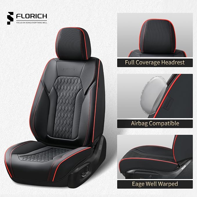 FLORICH Seat Covers, Car Seat Covers Full Set, Luxury Nappa Leather Seat Covers, Breathable and Waterproof Car Seat Protector 5 Seat, Automotive Seat Covers Universal Fit for Most Cars-Black