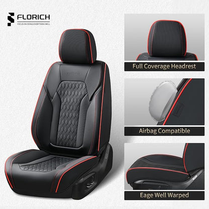 FLORICH Seat Covers, Car Seat Covers Full Set, Luxury Nappa Leather Seat Covers, Breathable and Waterproof Car Seat Protector 5 Seat, Automotive Seat Covers Universal Fit for Most Cars-BlackRedline