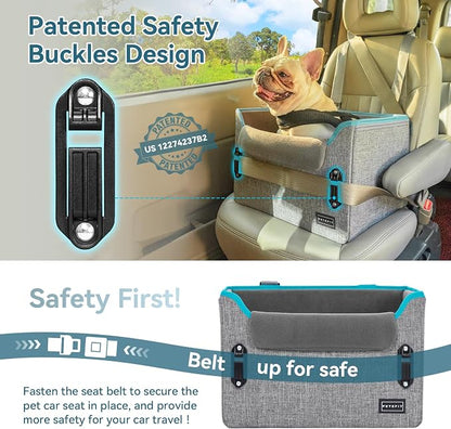 PETSFIT Dog Car Seats for Small Dogs – Patented Safety Buckles – Safety Tether – Foldable Travel Dog Booster Car Seat Reduces Anxiety & Road Trips – Stable Frame, Soft Cushion, Fits Front/Back Seat