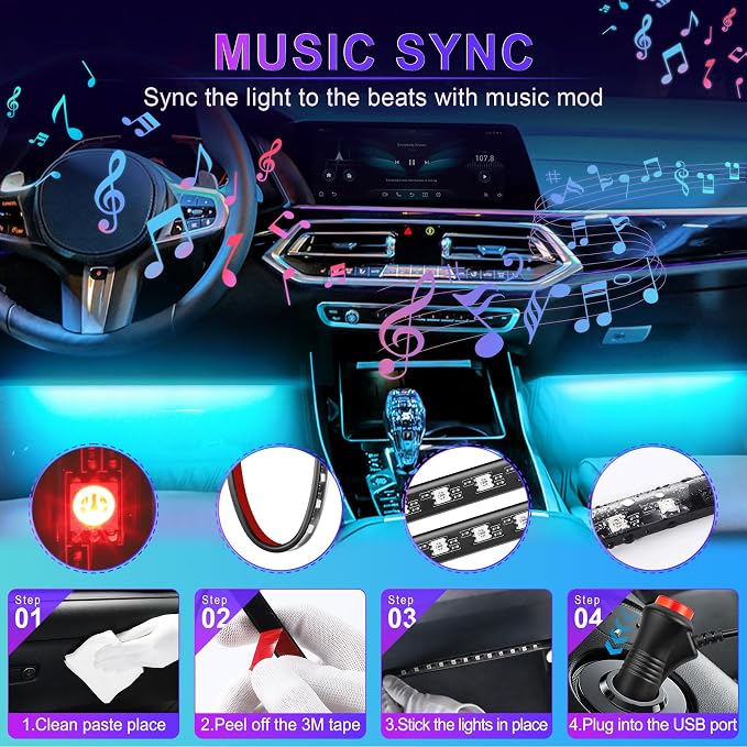 LivTee Smart Car Interior Lights, RGB LED Accent Lights with App Control, DIY & Music Mode, 2 Lines Design LED Lights for Cars, 12V Cigarette Lighter Power, Car Accessories for Women
