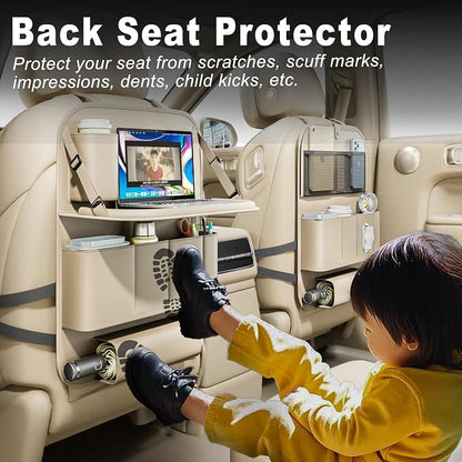 XDV Car Seat Organizers,Multi-functional Back Seat Protectors, Storage Pouches, Child kicking prevention and Tray Holders (for Cars, Kids, Seat Back and Rear Seats) (Beige, 2 Pcs)