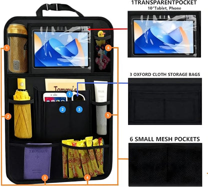 TCJJ Car Backseat Organizers with 10" Touch Screen Tablet Holder&9 Storage Pockets,Back Seat Organizer for Kids Waterproof Car Seat Organizer,Black/2 Pack