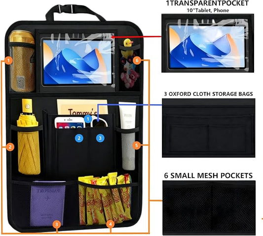 TCJJ Car Backseat Organizers with 10" Touch Screen Tablet Holder&9 Storage Pockets,Back Seat Organizer for Kids Waterproof Car Seat Organizer,Black/2 Pack