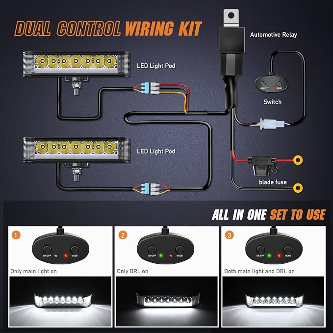 Nilight Side Shooter LED Pods with DRL 6.5 Inch 2089LM Spot Flood Combo Light Bar w/ 16AWG Wiring Kit for Fog Driving Auxiliary Lamp on Truck ATV UTV Jeep