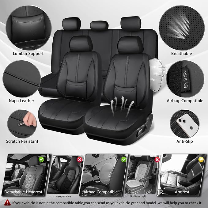 CAR PASS Nappa Leather Car Seat Covers Full Set, Water Resistant 3D Foam Faux Leather Seat Covers with Lumbar Support, Automotive Seat Covers 5 Seats Comfort & Universal Fit for Cars SUV Truck, Black