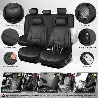 CAR PASS Nappa Leather Car Seat Covers Full Set, Water Resistant 3D Foam Faux Leather Seat Covers with Lumbar Support, Automotive Seat Covers 5 Seats Comfort & Universal Fit for Cars SUV Truck, Black