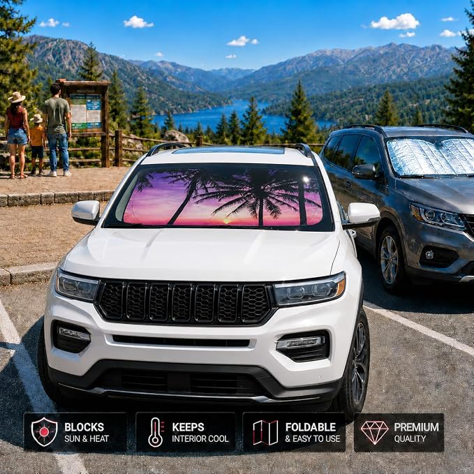 Car Windshield Sun Shade, Vacation Style Foldable Front Window Sunshade, UV Heat Protection Windshield Cover Universal Fits Crossover Mid-Large Sedan SUV Family Vehicle - 63 x 31.5