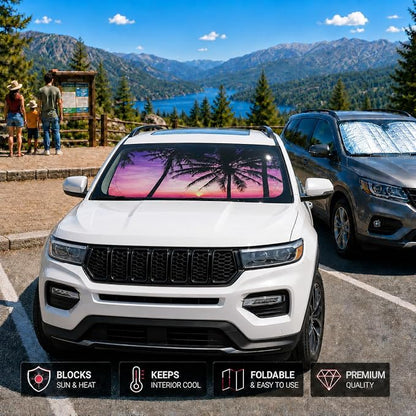 Car Windshield Sun Shade, Vacation Style Foldable Front Window Sunshade, UV Heat Protection Windshield Cover Universal Fits Crossover Mid-Large Sedan SUV Family Vehicle - 63 x 31.5