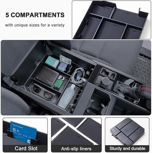 TOPINSTALL 5 Compartments Console Organizer Compatible with 2022-2026 Toyota Tundra/Sequoia 2023-2026, Plastic Armrest Storage Box Full Size Tray (Not for the Console with Safe)