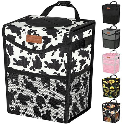 Pritent Car Trash Can with Lid, Cute Leakproof Car Trash Garbage Bag Hanging Vehicle Trash Bin Small Portable Automotive Garbage Cans Organizer for Back/Front Seat/Console(2.8 Gallons,Cow Print)