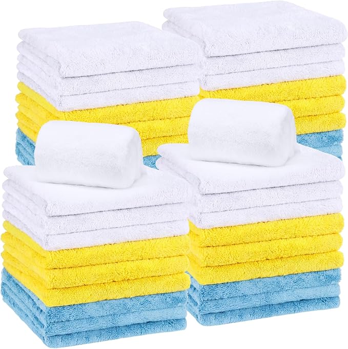 Shimeyao 30 Pcs 16 x 16 Inch edgeless Microfiber Plush Towels for Cars Detailing Drying Wash Polishing Absorbent Cleaning Cloths, 500 GSM (Light Blue, White, Yellow)