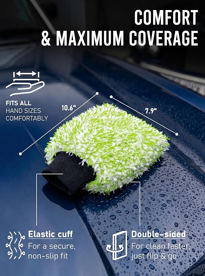 TAKAVU Car Wash Mitt Scratch Free, 2 Pack Microfiber Wash Mitts for Auto Detailing, Soft Lint Free Cleaning Gloves, Holds Sudsy Water, Machine Washable (Green & White)