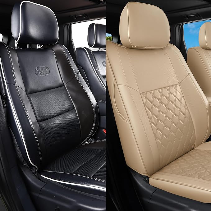 Huidasource Upgrade Grand Cherokee Seat Covers, Full Coverage Waterproof Leather Car Seat Covers, Custom Seat Cushion Protector Fit for Jeep Grand Cherokee 2011-2021 (Full Set/Beige)
