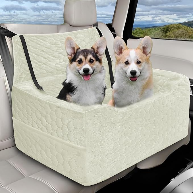 Dog Car Seat for Medium/Large Dog Booster Seat Under 60 lbs or 2 Small Dogs, Multi-Functional Pet Car Seat with Thick Cushion, 2 Safety Leashes (White)