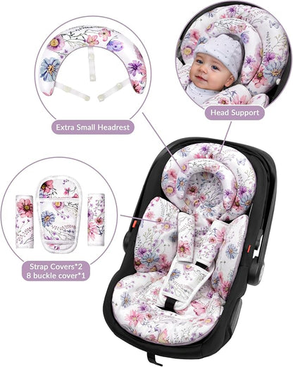 TinlyFinly Infant Car Seat Insert with Extra Cushion for Preemie to Toddler, Reversible Newborn Carseat Insert for Baby Head Body Support, Fits for Stroller, Baby Swing, Bouncer (Purple Wildflower)