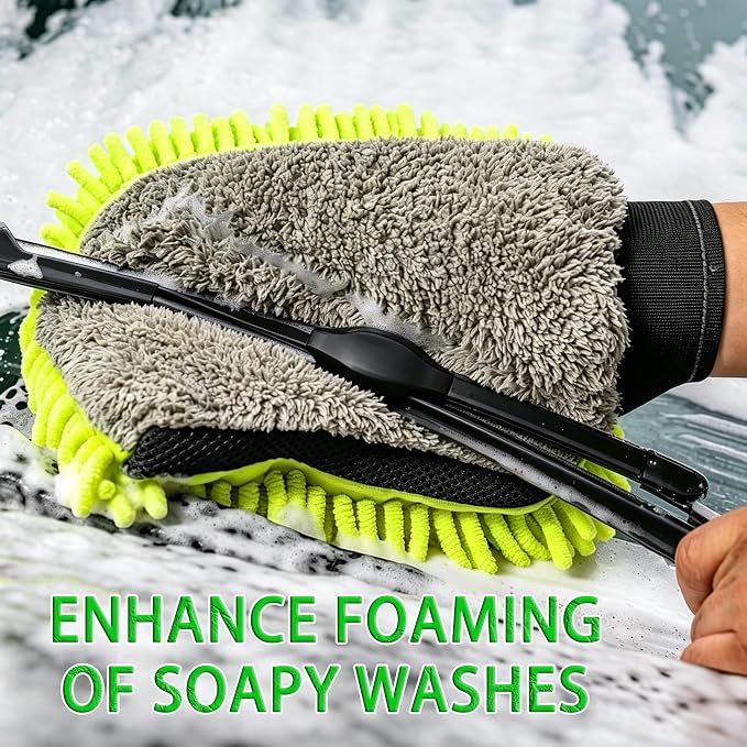 3 PCS Microfiber Car Wash Mitt, Microfiber Chenille Car Wash Sponge Glove for Car Washing and Detailing Scratch-Free, Lint-Free, Foam Gun, and Absorbent, Foam Scrubber, Cleaning Supplies