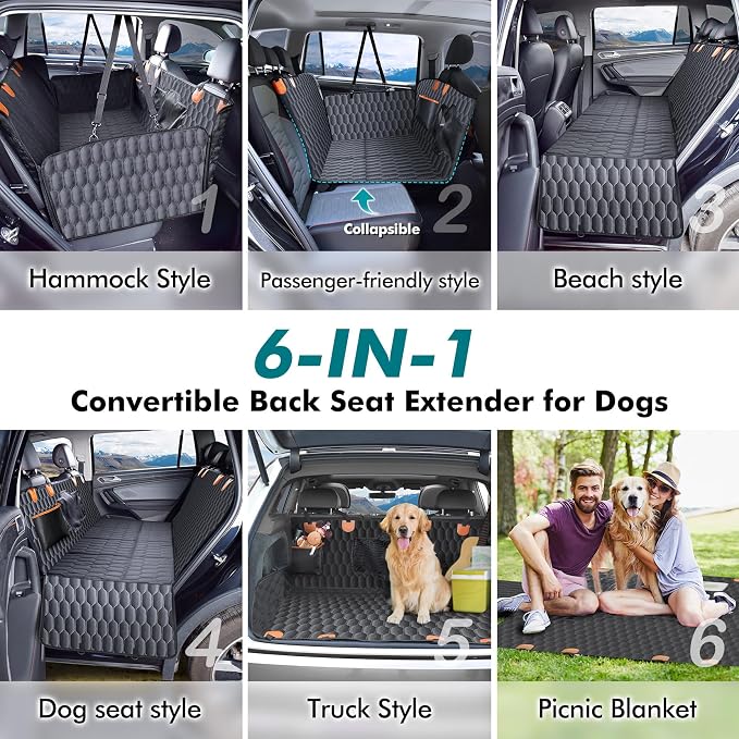 Chumajor Back Seat Extender for Dogs-Supports 400lb,Waterproof Dog Car Seat Cover Hard Bottom-Detachable,600D Heavy Duty Scratch Proof Nonslip Soft,Dog Hammock for Car,SUVs