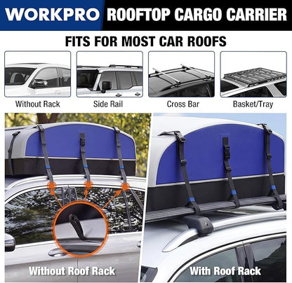 WORKPRO 21 Cubic Feet Rooftop Cargo Carrier Roof Bag, Waterproof Roof Rack Cargo Carrier for Vehicles with/Without Rack, Heavy Duty 840D PVC, Includes Anti-Slip Mat, 6 Door Hooks and Storage Bag