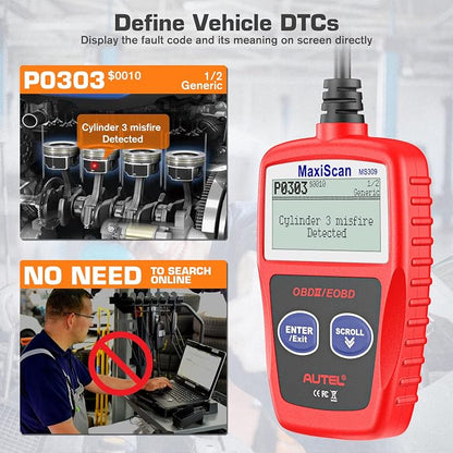 Autel OBD2 Scanner MS309 Universal OBD II Scanner Car Engine Fault Code Reader CAN Diagnostic Scan Tool, Read and Clear Error Codes for 1996 or Newer OBD2 Protocol Vehicle