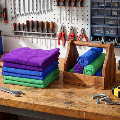 Nuenen Cleaning Cloths for Cars 16 x 16 Inch Ultra Absorbent Towels Drying Microfiber Reusable Cleaning Supplies House Kitchen Window Microfiber Towel (Purple,Blue,Green,60 Pcs)