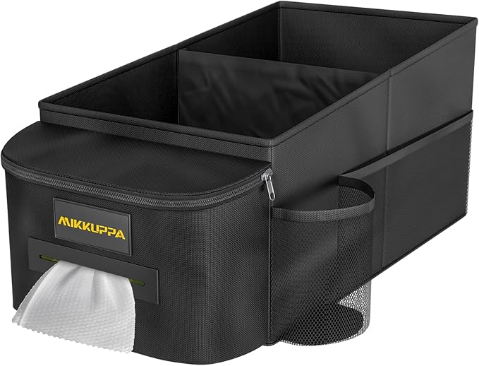 MIKKUPPA Car Seat Organizer - Front Passenger & Backseat Organizer with Tissue Box & Cup Holder, Car Seat Storage Box with Mesh Pockets, Road Trip Essentials for Kids