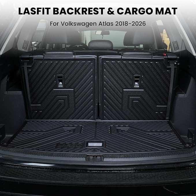 LASFIT Cargo Mat for Volkswagen VW Atlas 2018-2026(Not fit Cross Sport), All Weather TPE Custom Fit Trunk Mat & Seatback Mat for VW Atlas 6&7 Seats Accessories, Black, Easy to Clean