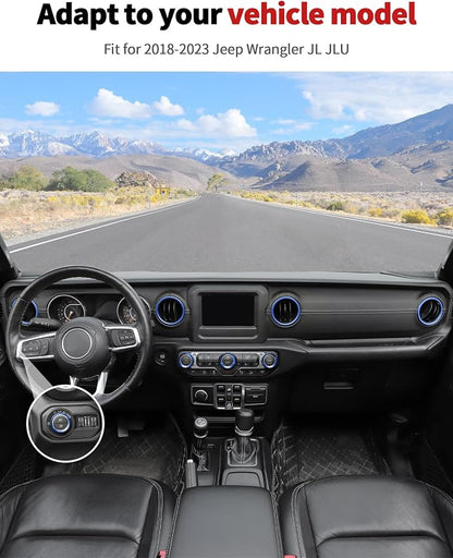 JWWY JL AC Air Vent Trim Rings & Dashboard Headlight Switch Decor Switch Knob Cover Kit Fit for 2018-2023 Jeep Wrangler JL JLU Interior Accessories, Aluminum Alloy 8PCS Blue