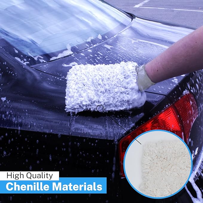 S.M. Arnold Snow White Professional Heavy-Duty Chenille Wash Mitt 8" x 11" - Ultra-Soft, Absorbent, Scratch-Free Car Wash Glove with Cuff, Ideal for Auto Detailing, Car Care, and Home Cleaning