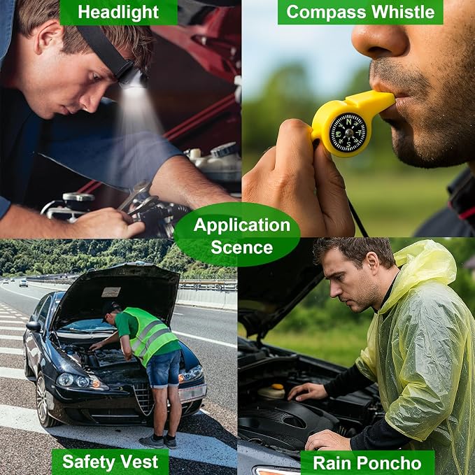 HolaKit Car Emergency Kit – Roadside Safety Kit with Jumper Cables, LED Headlamp, First Aid, EVA Bag, Poncho, Safety Vest & More – Ideal for Cars, SUVs, Teen Drivers & Families