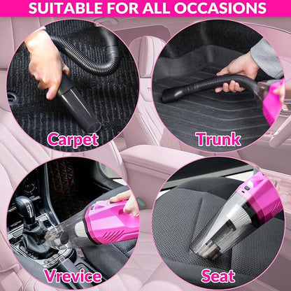 ThinkLearn Car Cleaning Kit, Car Corded Vacuum Detailing Kit Interior with High Power Handheld Vacuum, Including 7Pcs Detailing Brush Set, Windshield Cleaner, Pink Car Accessories for Women