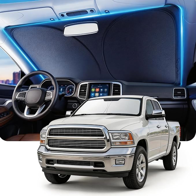 DMJN Front Windshield Sun Shade for Dodge RAM (2009-2018), [Nano Ice-Crystal Coatings] UPF50+ Heat & UV Block, Protect Car Interior & Keep Cool, Flodable Steel-Ring Car Cover for Summer