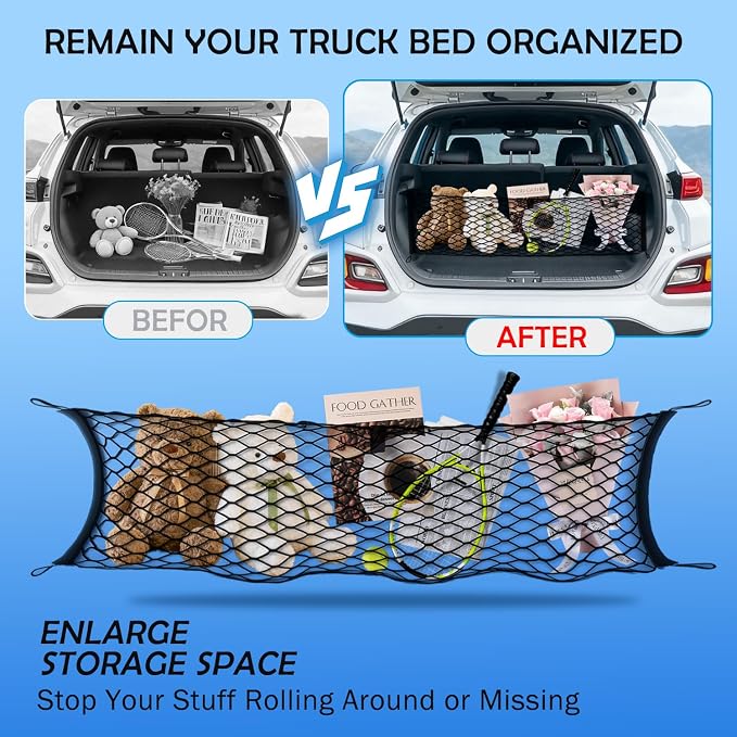 Envelope Style Cargo Net for Hyundai Kona 2024 2025 2026 Accessories, Rear Trunk SUV Mesh Cargo Net, Upgraded 5mm Bungee & Double-Layer Nylon Storage Tailgate Netting Grocery&Tools Holder Organizer