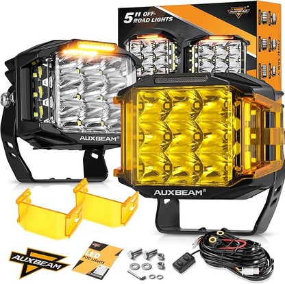 Auxbeam 5 Inch LED Pod Offroad Lights, 168W Super Bright Cube Pods Spot Flood Combo Driving Lights with Side Shooter, V-MAX Series Amber DRL Ditch Work Light with Yellow Cover for Truck Jeep SUV ATV