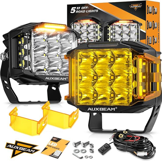 Auxbeam 5 Inch LED Pod Offroad Lights, 168W Super Bright Cube Pods Spot Flood Combo Driving Lights with Side Shooter, V-MAX Series Amber DRL Ditch Work Light with Yellow Cover for Truck Jeep SUV ATV