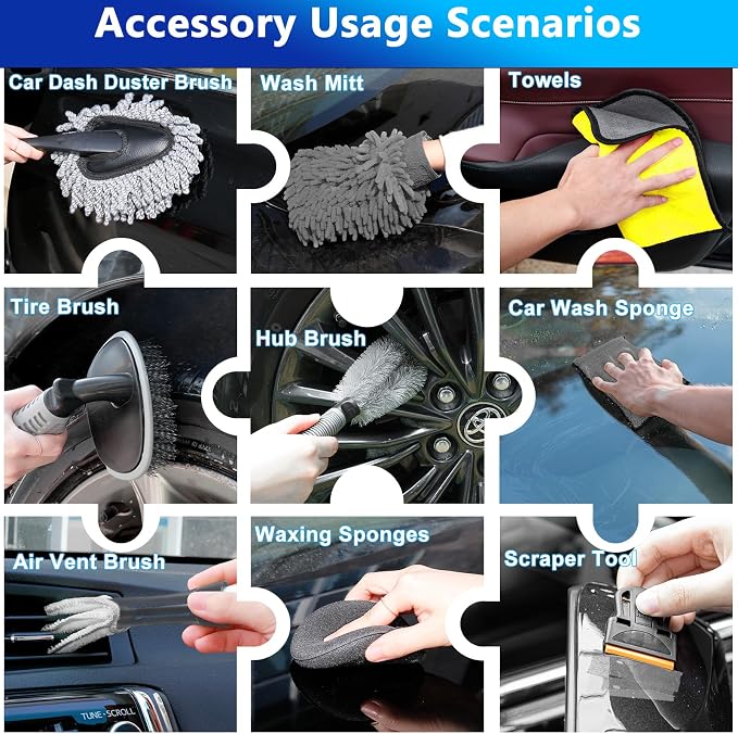THINKWORK Car Wash Kit, 62'' Car Washing Brush with Long Handle, Extendable Car Wash Brush Mop with 2-in-1 Windshield Squeegee and 9Pcs Detailing Brushes, Gray Car Detailing Kit Gift for Men