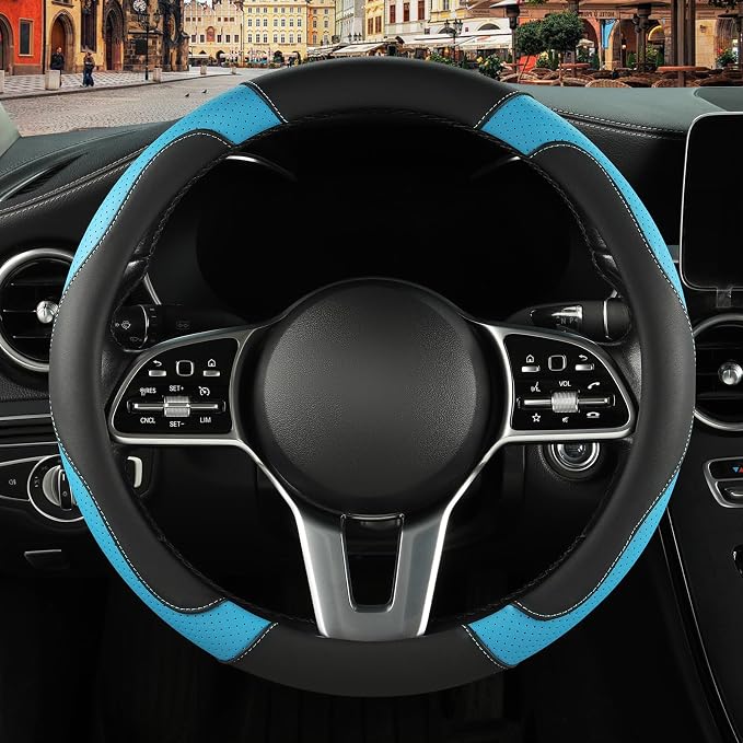 Leather Auto Car Steering Wheel Cover Anti-Slip Heavy Duty, Elegant, Non-tonix, Universal 15 Inch, Black&Blue