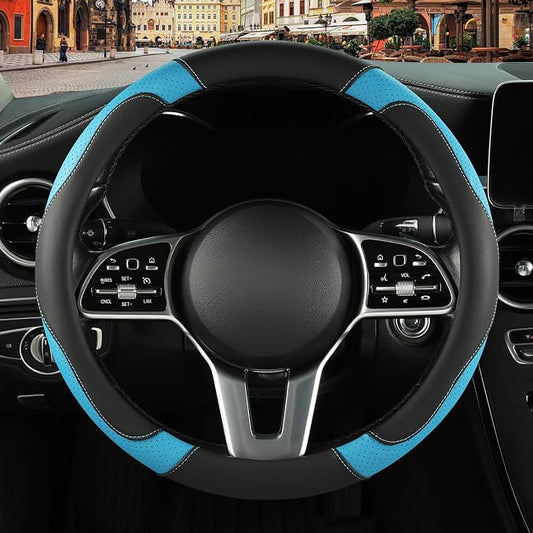 Leather Auto Car Steering Wheel Cover Anti-Slip Heavy Duty, Elegant, Non-tonix, Universal 15 Inch, Black&Blue