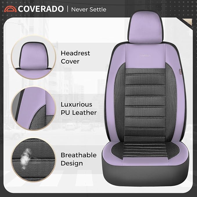 Coverado Car Seat Covers Front Seats, Luxury Leather Car Seat Covers, Automotive Front Mesh Seat Covers, Purple&Black Seat Covers for SUV Sedan Truck