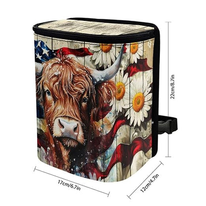 Talayituse Highland Cattle Daisy Print Car Trash Can with Lid, American Flag Wood Leak Proof Auto Trash Bag Hanging Vehicle Garbage Can Multipurpose Storage Container for Back Seat Road Trip